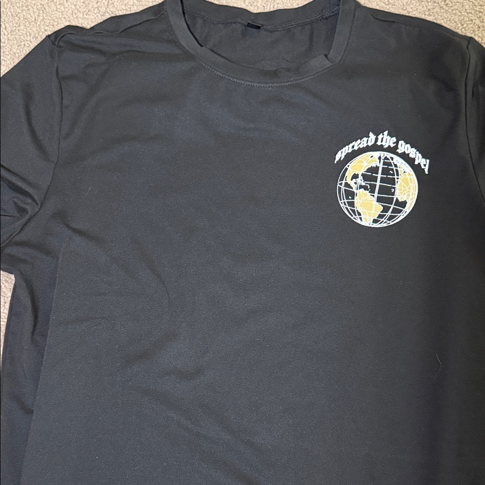 Men's Black Short-Sleeve Crewneck T-Shirt with Globe Graphic
Spread the Gospel